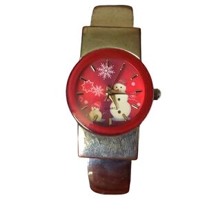 Accutime Christmas Snowman Watch Silver Bangle Band Red Face Snowflake White Acc
